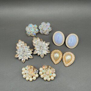 Vintage Clip On Earrings Lot Blue Lace Agate Rhinestone AB Roman Michele Sugar